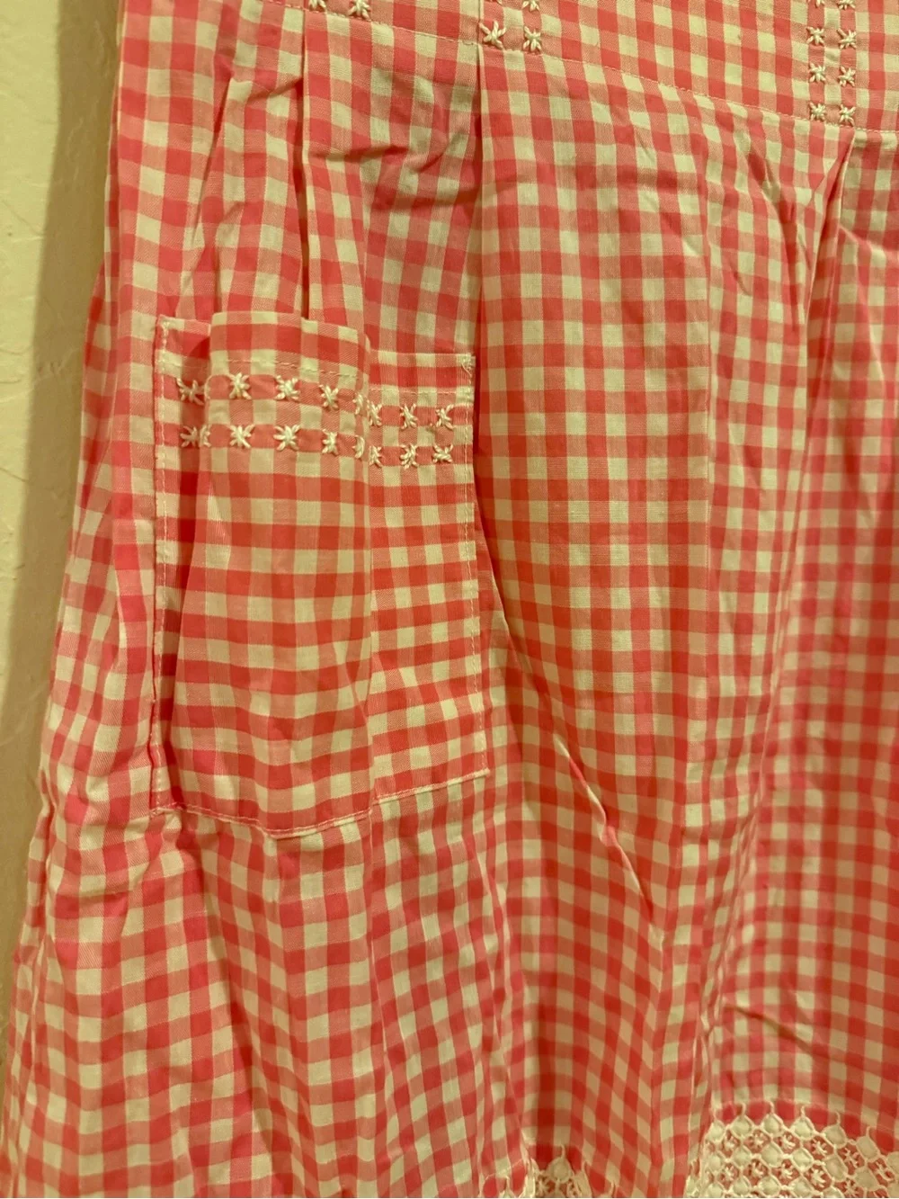 Vintage Pink Gingham Half Apron with Pocket & Lace Trim Cottagecore Retro